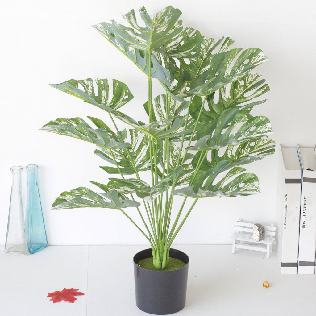 Hojas de monstera artificiales con resistencia a los rayos UV de 29" para jardín, balcón y terraza - Verde/blanco