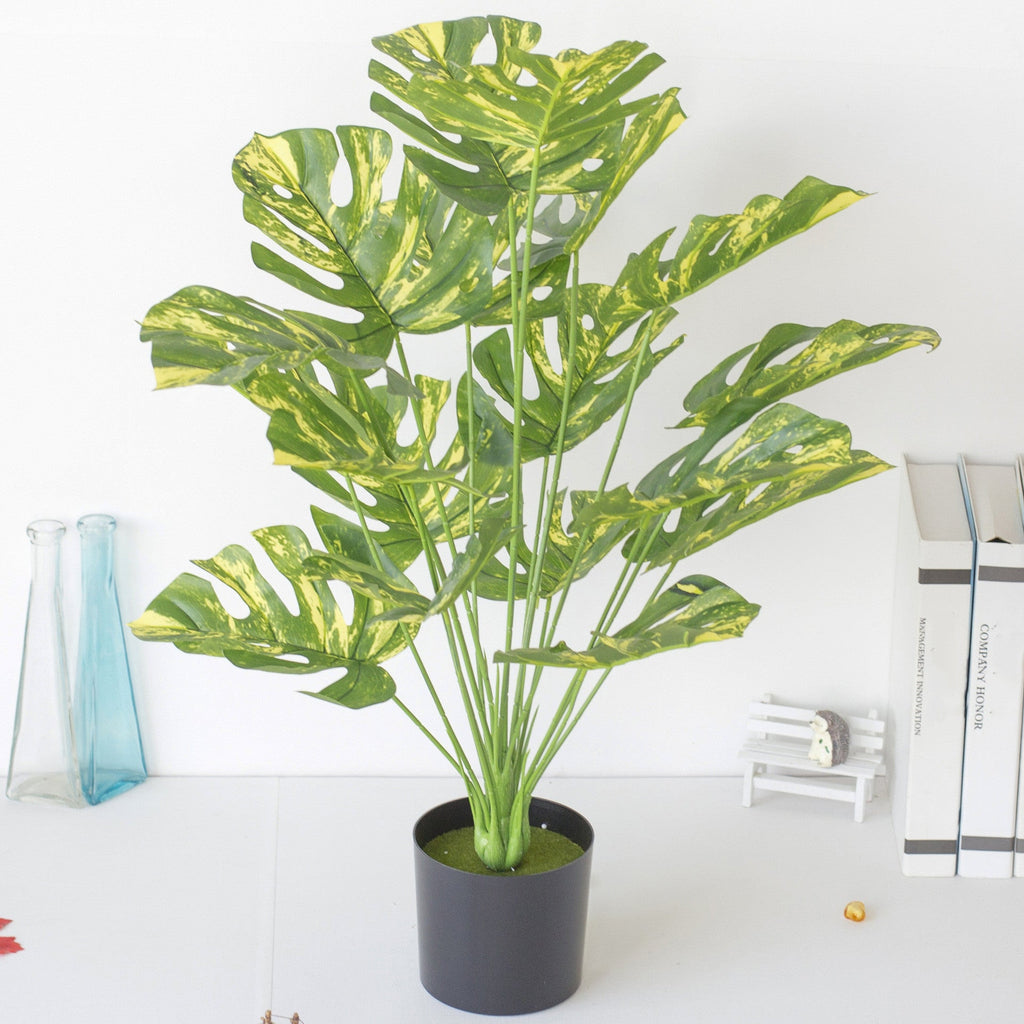Hojas de monstera artificiales con resistencia a los rayos UV de 29" para jardín, balcón y terraza - Verde/amarillo