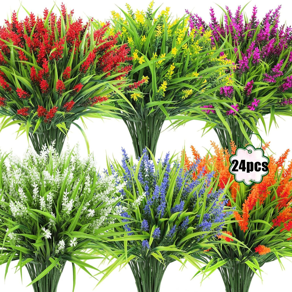Lavanda artificial con resistencia a los rayos UV de 14" x 7" 24 piezas para jardín, balcón y terraza