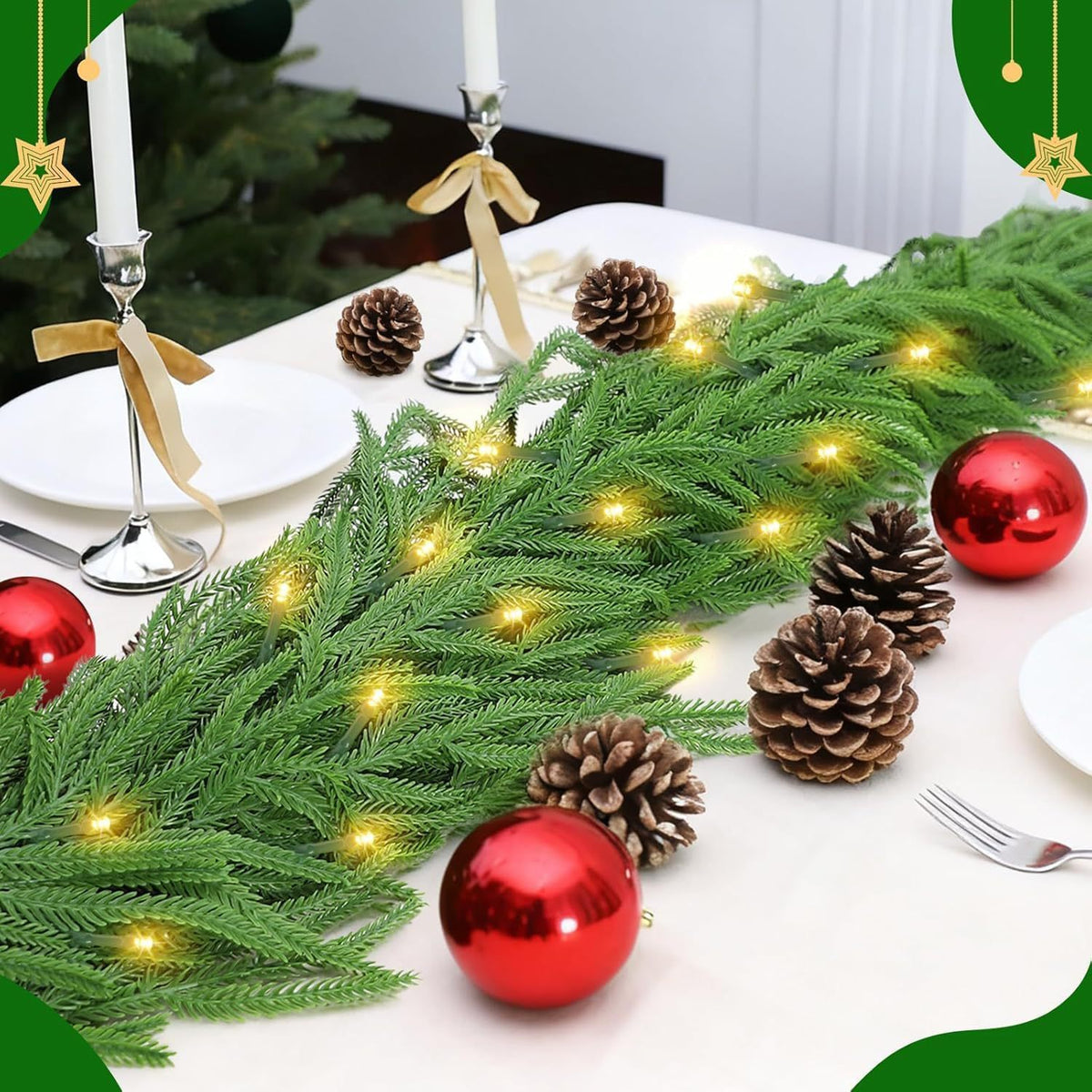 Guirnalda Artificial de Pino Norfolk con Luces, Pack de 3 Ramas Colgantes de Plástico, Decoración de Navidad y Hogar