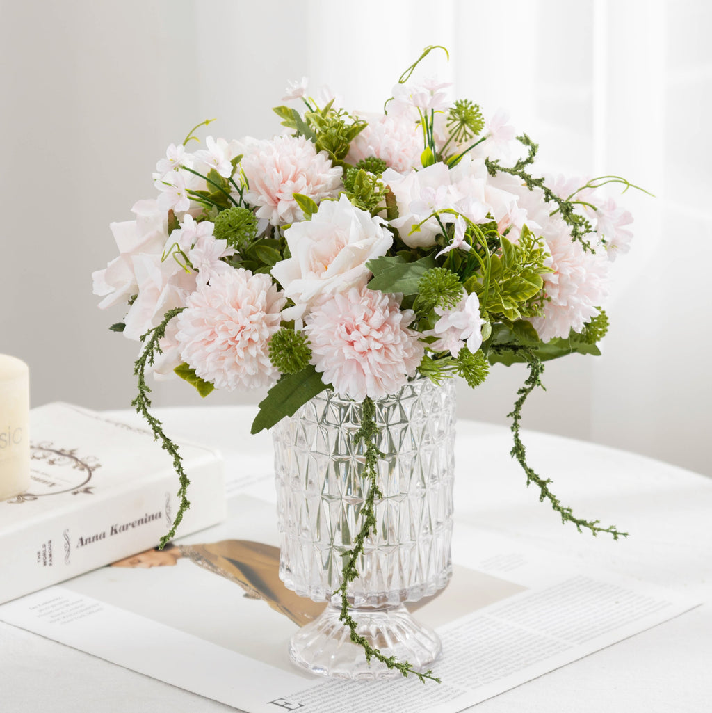 Ramo de Flores Artificiales de 28 cm, Rosas y Crisantemos, Decoración para Bodas y Hogar, Estilo Rústico y Moderno