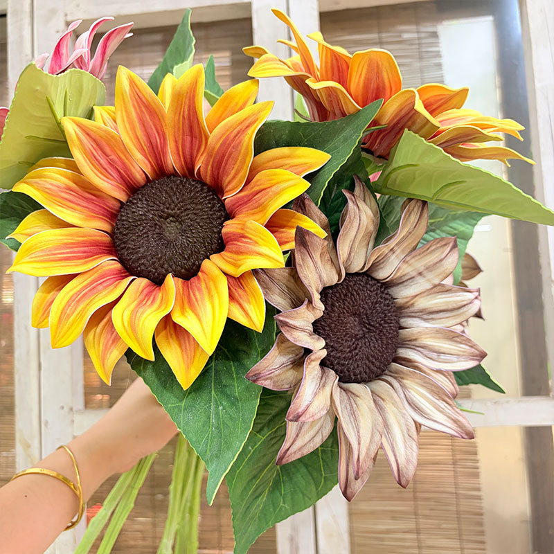 Girasol artificial de tallo único, 69 cm, flor de seda, decoración interior, 1 cabeza de 17 cm, ajustable