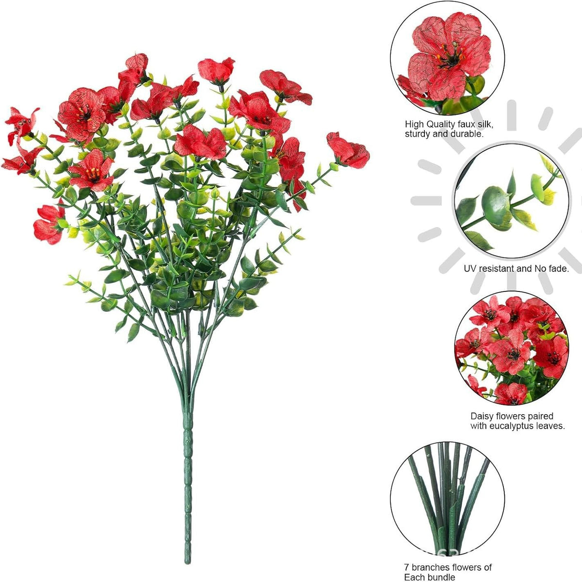 Ramo de Violetas Artificiales con Eucalipto, 7 Ramas y 21 Flores, Estilo Campestre, para Jarrón, Boda y Decoración del Hogar
