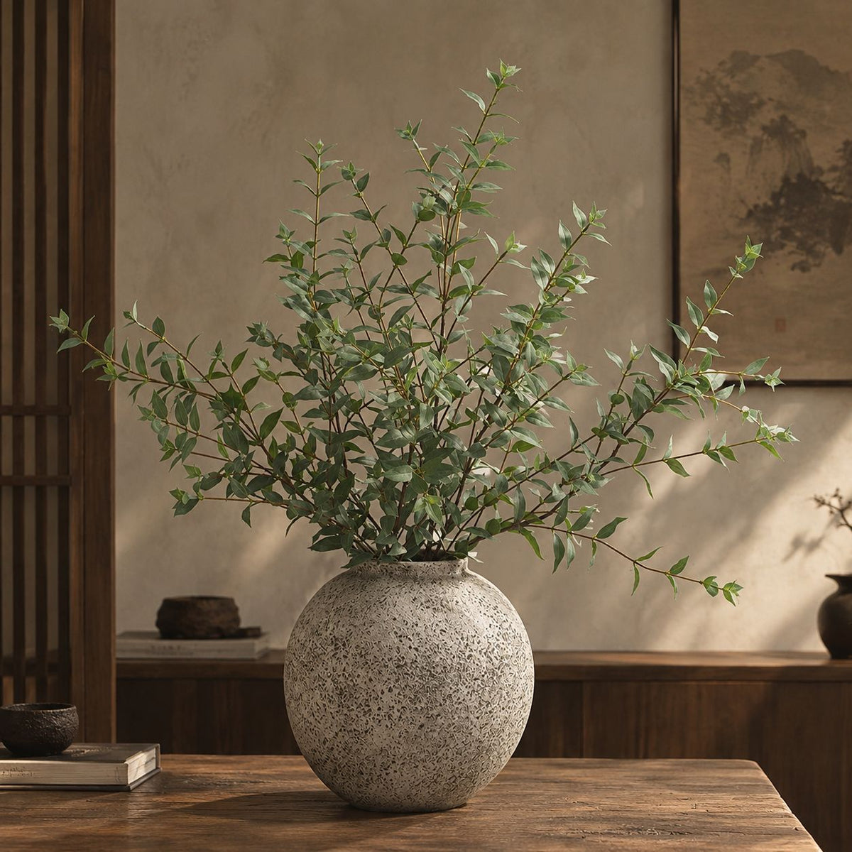 Rama de Eucalipto Artificial de Hojas Puntiagudas, 1 Pieza Tipo Arbusto, Decoración para Salón y Bodas