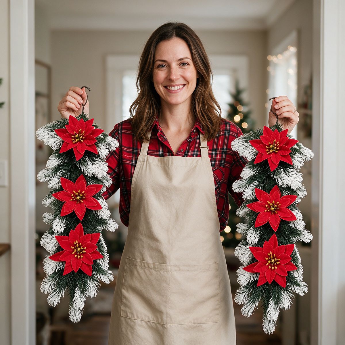 Colgante Navideño de Pino con 3 Flores de Pascua Artificiales, Guirnalda Colgante de Plástico, Decoración de Puerta y Pared