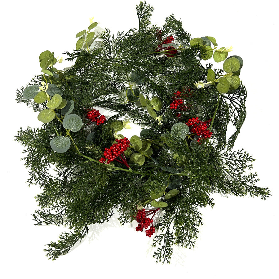 Guirnalda Artificial de Pino con Frutos Rojos y Hojas de Moneda, Enredadera Colgante de Navidad para Pared, Hogar y Escaparate