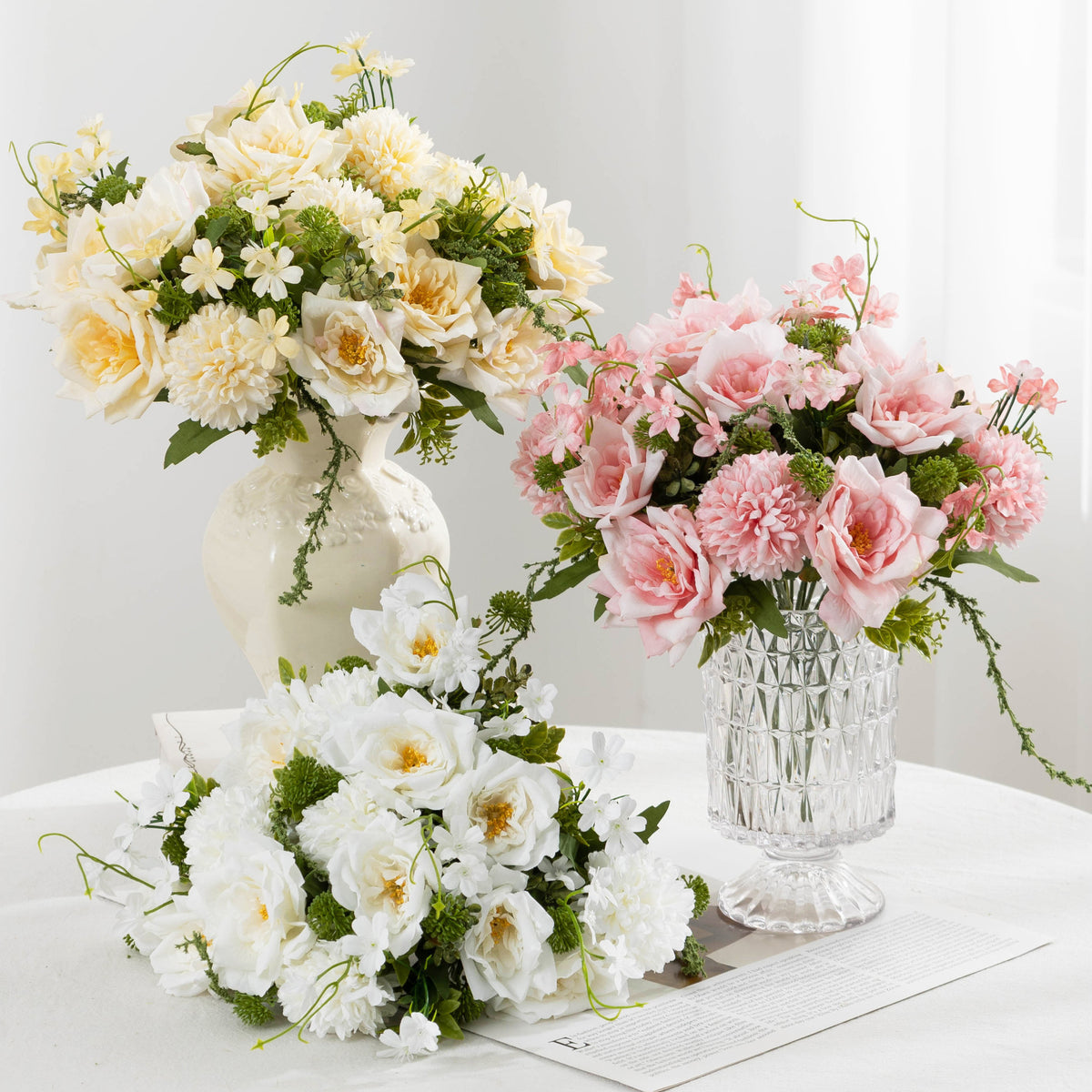 Ramo de Flores Artificiales de 28 cm, Rosas y Crisantemos, Decoración para Bodas y Hogar, Estilo Rústico y Moderno