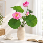 Ramo de Flor de Loto Artificial con 3 Flores, Hojas y Vaina, PU, 65 cm para Salón, Té y Boda