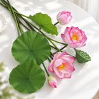 Ramo de Flor de Loto Artificial con 3 Flores, Hojas y Vaina, PU, 65 cm para Salón, Té y Boda