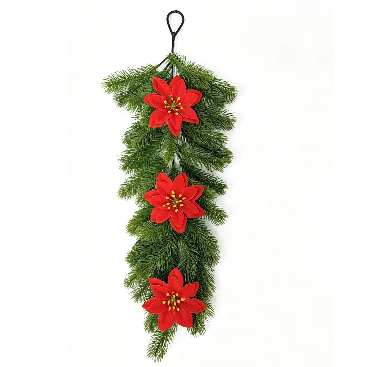 Colgante Navideño de Pino con 3 Flores de Pascua Artificiales, Guirnalda Colgante de Plástico, Decoración de Puerta y Pared