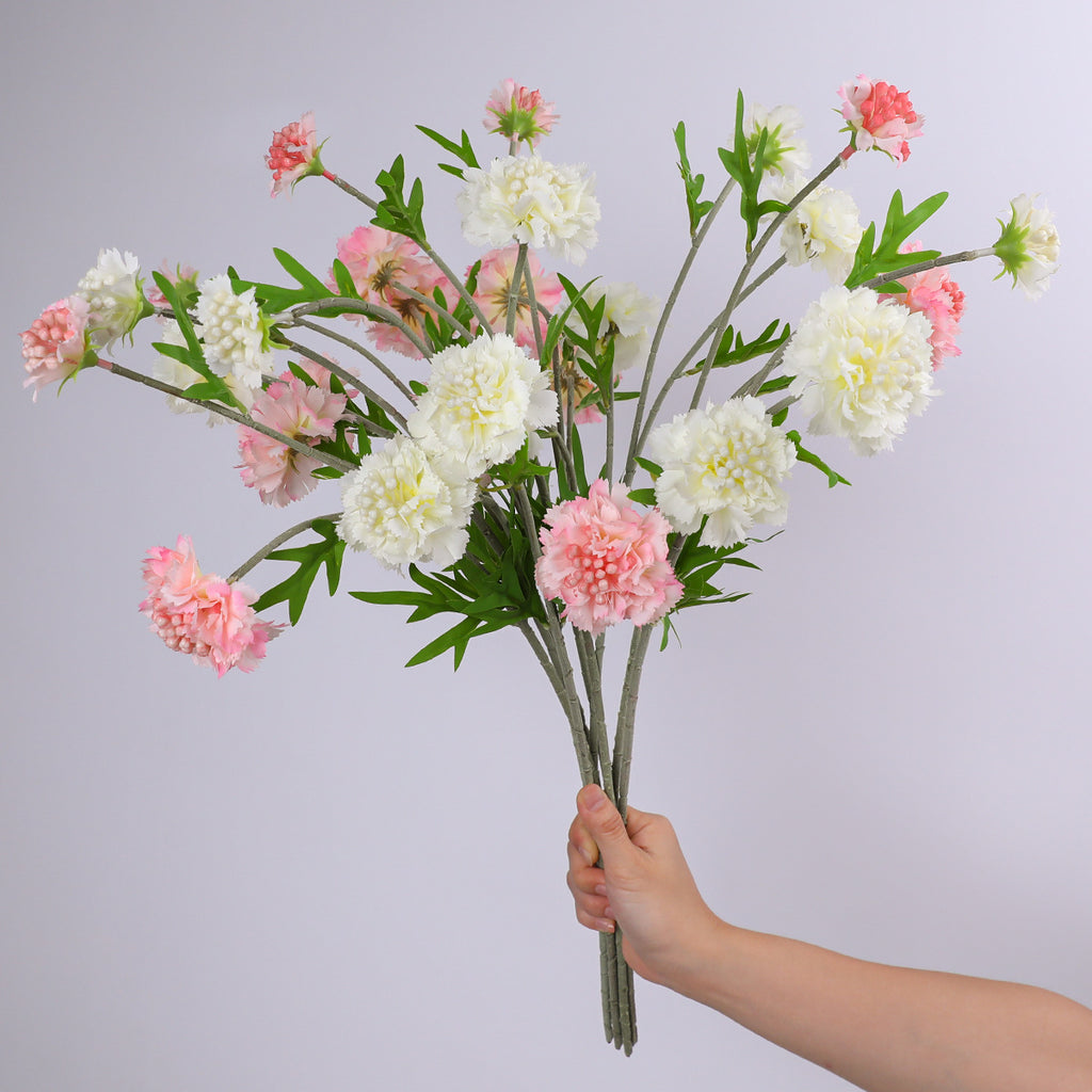 Ramo de flores artificiales con 3 cabezas, scabiosa, clavel y margarita, tacto aterciopelado, para hogar y bodas