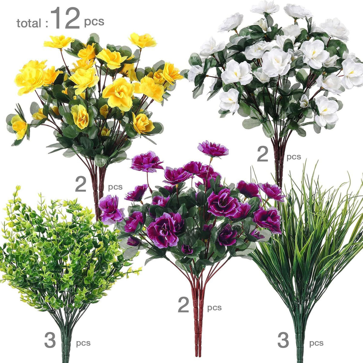 Ramo Artificial de Eucalipto y Azalea con Hierba de Primavera, Pack de 12 Piezas, Plástico, para Casa y Exterior