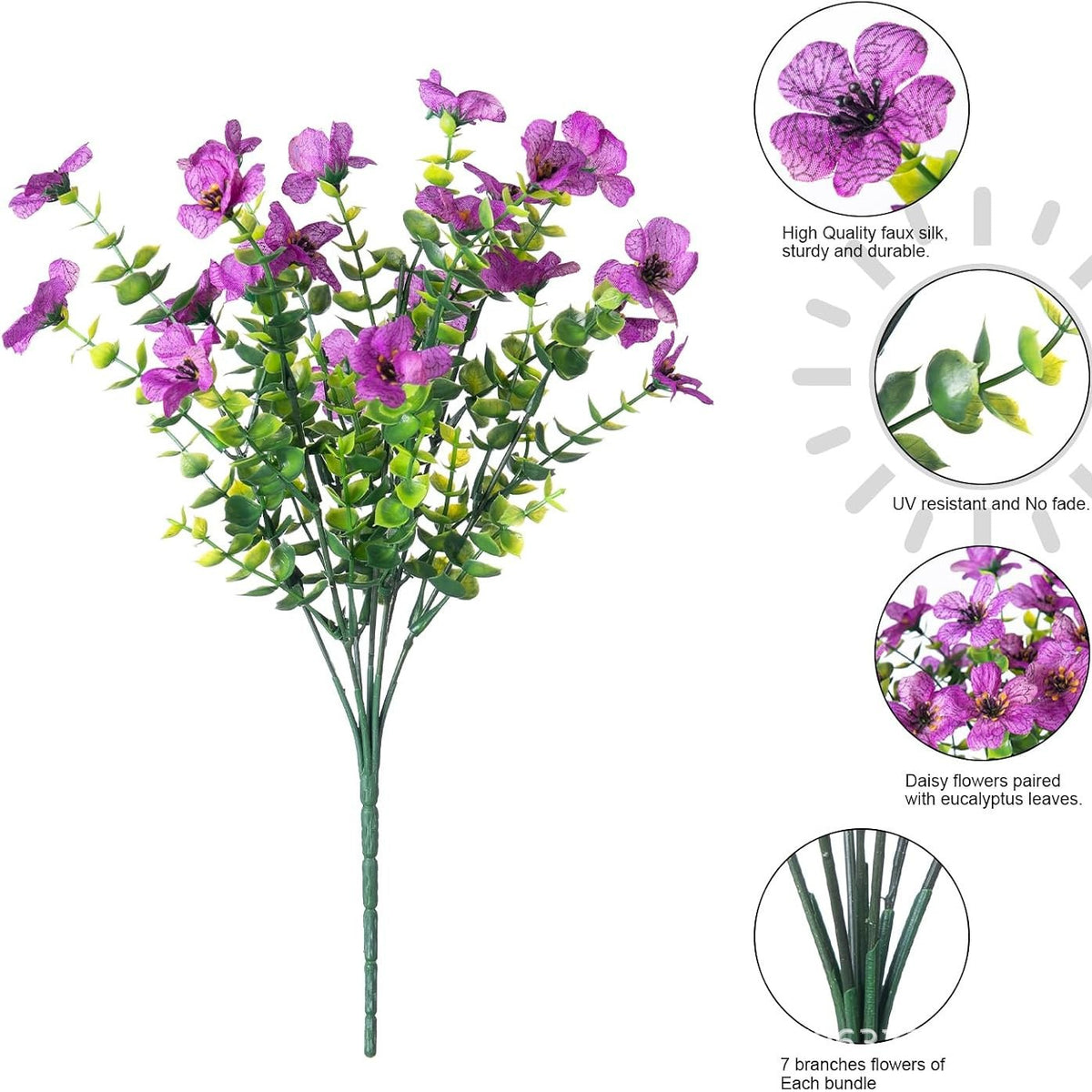 Ramo de Violetas Artificiales con Eucalipto, 7 Ramas y 21 Flores, Estilo Campestre, para Jarrón, Boda y Decoración del Hogar