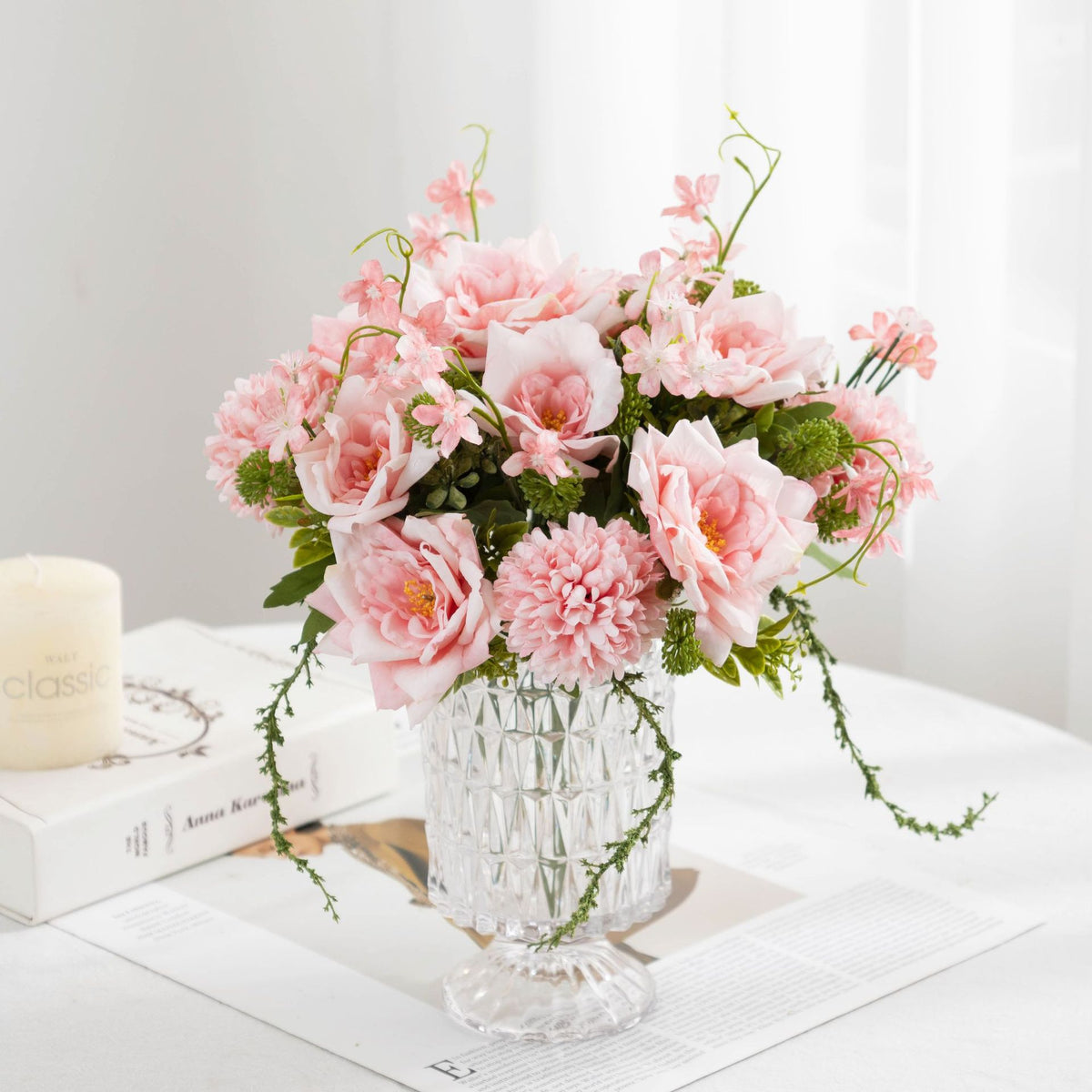Ramo de Flores Artificiales de 28 cm, Rosas y Crisantemos, Decoración para Bodas y Hogar, Estilo Rústico y Moderno