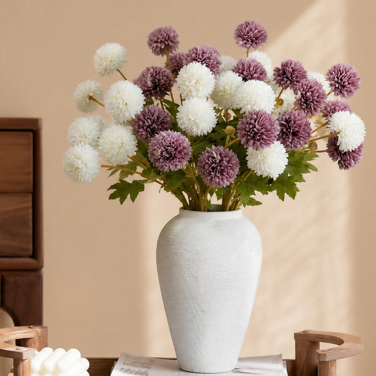 Ramille de Diente de León y Crisantemo Artificial, 4 Flores, 55 cm, Tela de Poliéster, Decoración Moderna