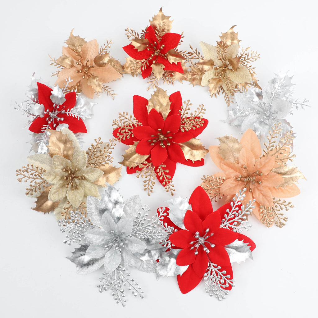Flor artificial con polvo dorado para Navidad, decoración de 12 cm para árbol de Navidad, coronas y más