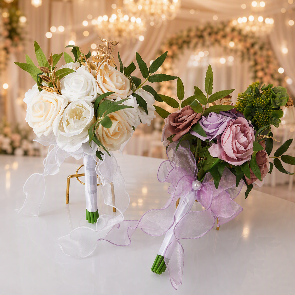 Ramo de rosas artificiales para bodas, 7 flores, 29 cm, decoración nupcial y fotográfica