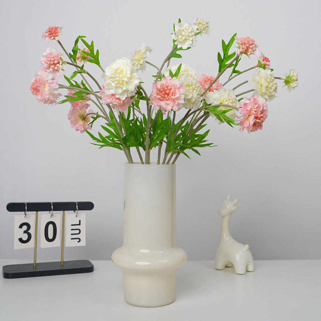 Ramo de flores artificiales con 3 cabezas, scabiosa, clavel y margarita, tacto aterciopelado, para hogar y bodas