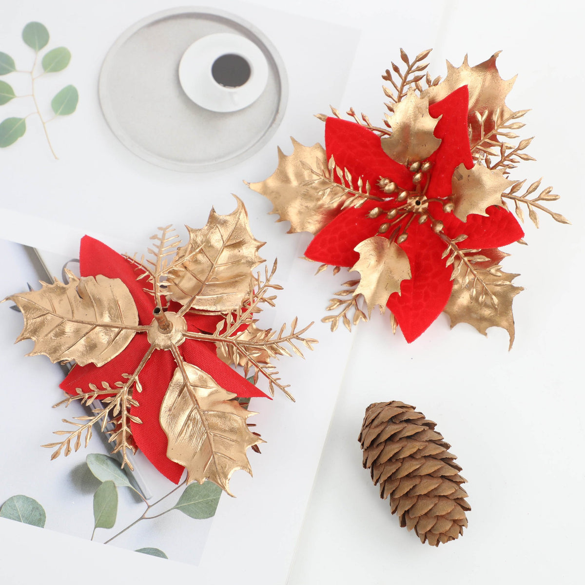 Flor artificial con polvo dorado para Navidad, decoración de 12 cm para árbol de Navidad, coronas y más