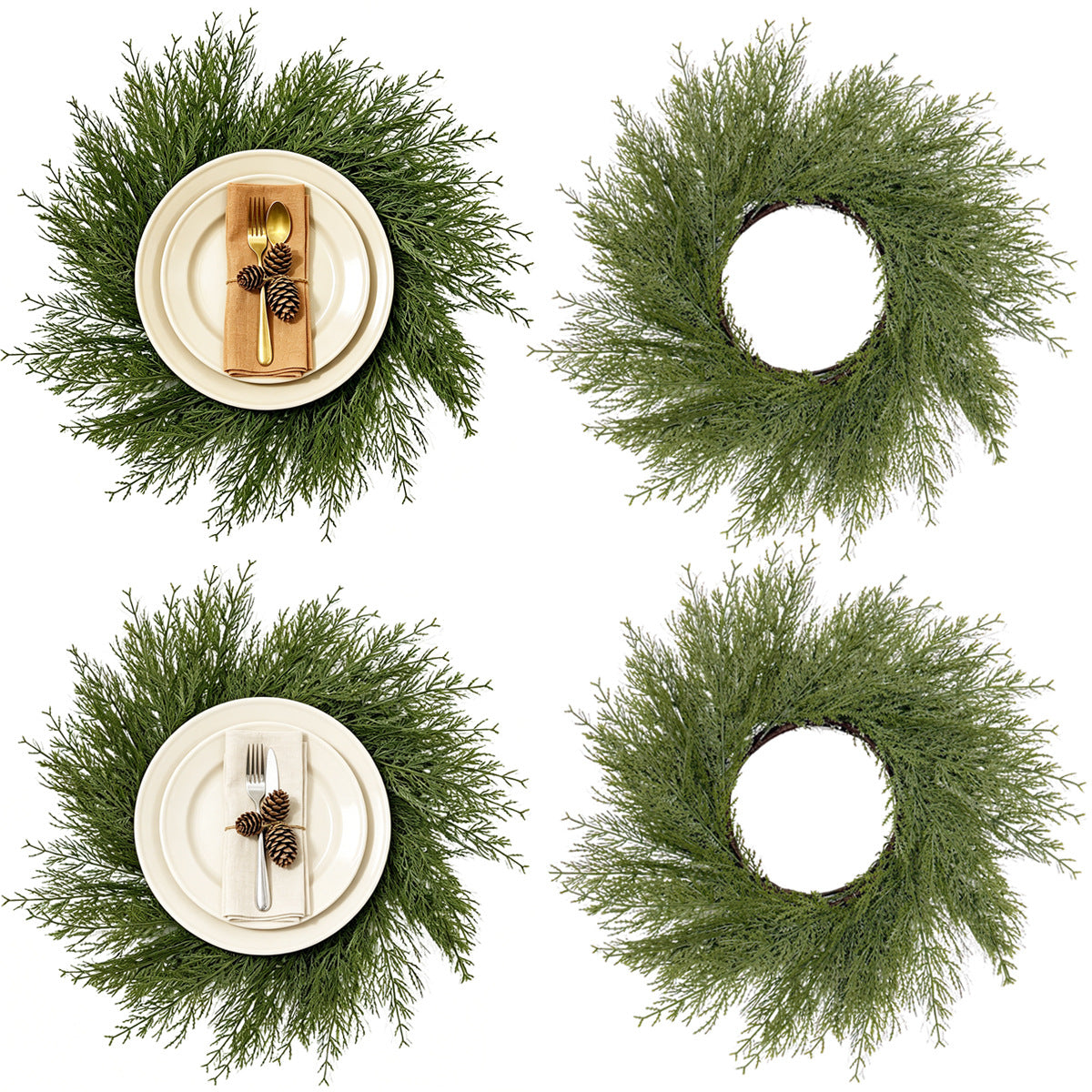 Pack de 2 Salvamanteles Corona de Pino y Ciprés Artificial, Plástico, Decoración de Mesa para Navidad, Hogar y Hoteles