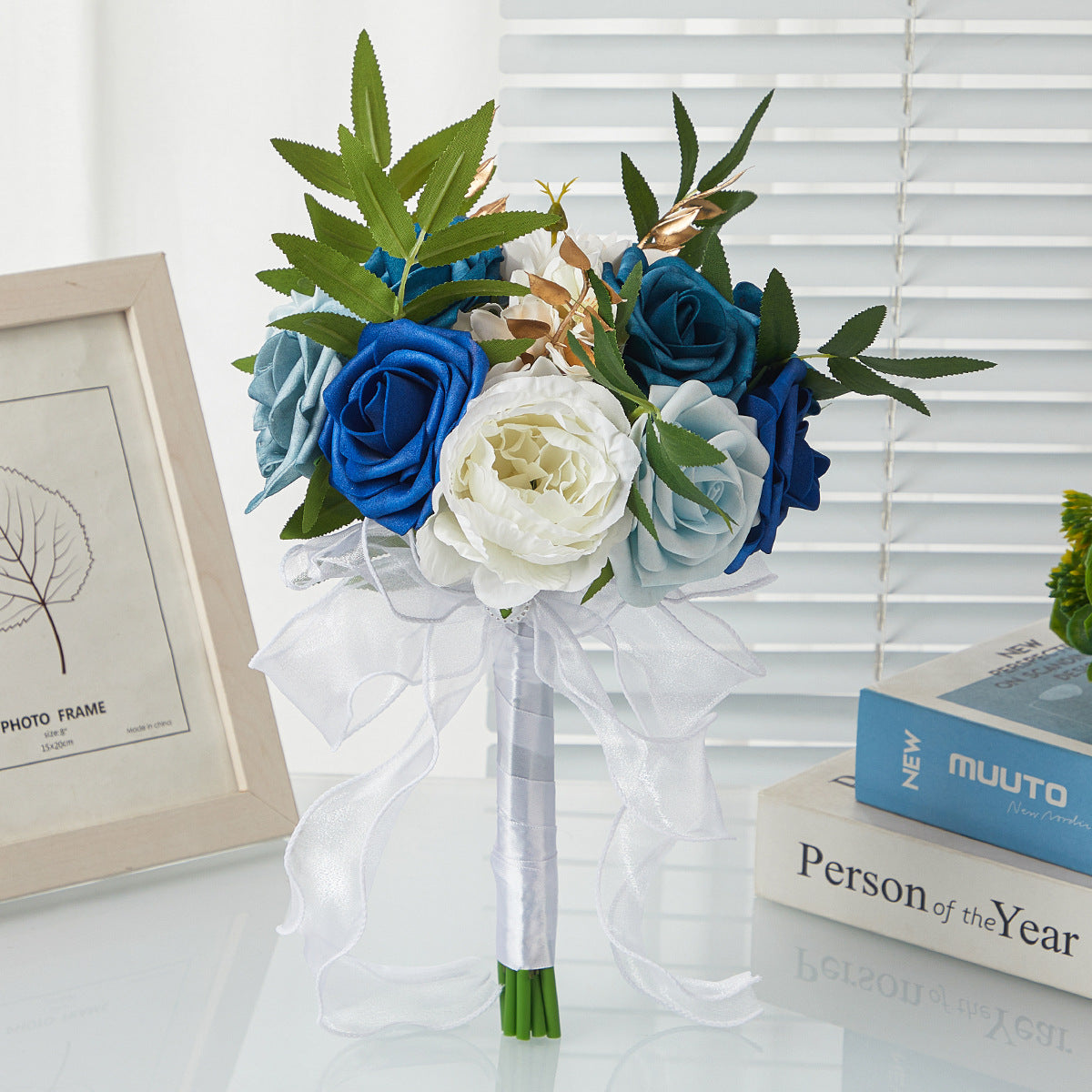 Ramo de rosas artificiales para bodas, 7 flores, 29 cm, decoración nupcial y fotográfica