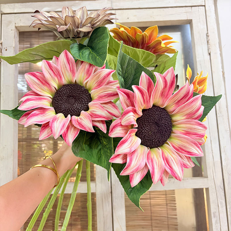Girasol artificial de tallo único, 69 cm, flor de seda, decoración interior, 1 cabeza de 17 cm, ajustable