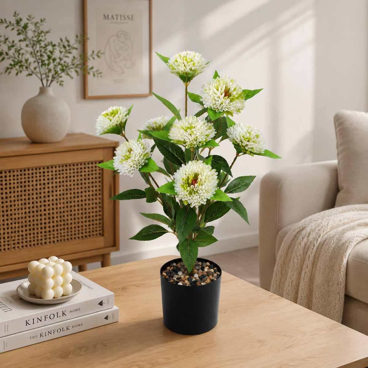 Planta artificial de crisantemos pompones, ramo de 9 flores, 57 cm, decoración moderna para hogar y eventos