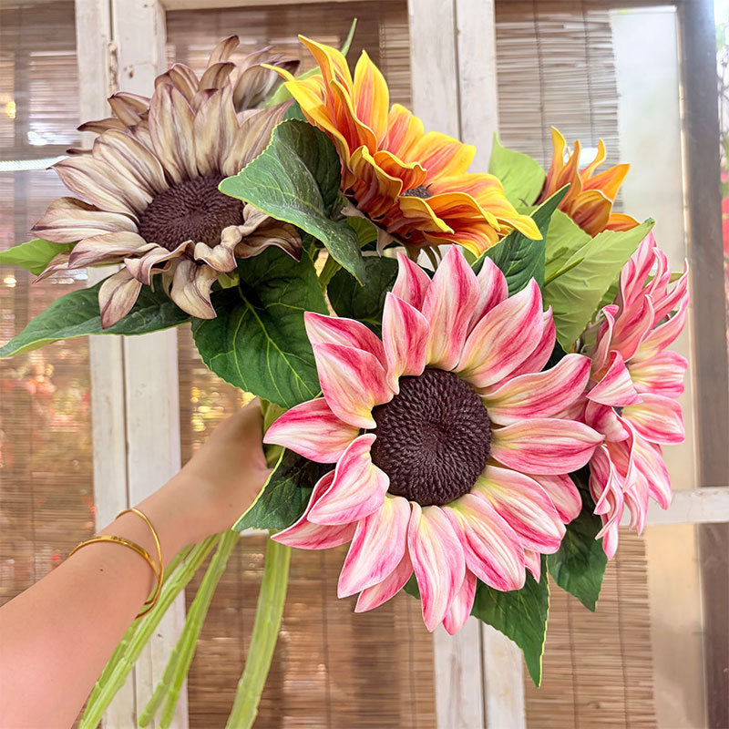 Girasol artificial de tallo único, 69 cm, flor de seda, decoración interior, 1 cabeza de 17 cm, ajustable