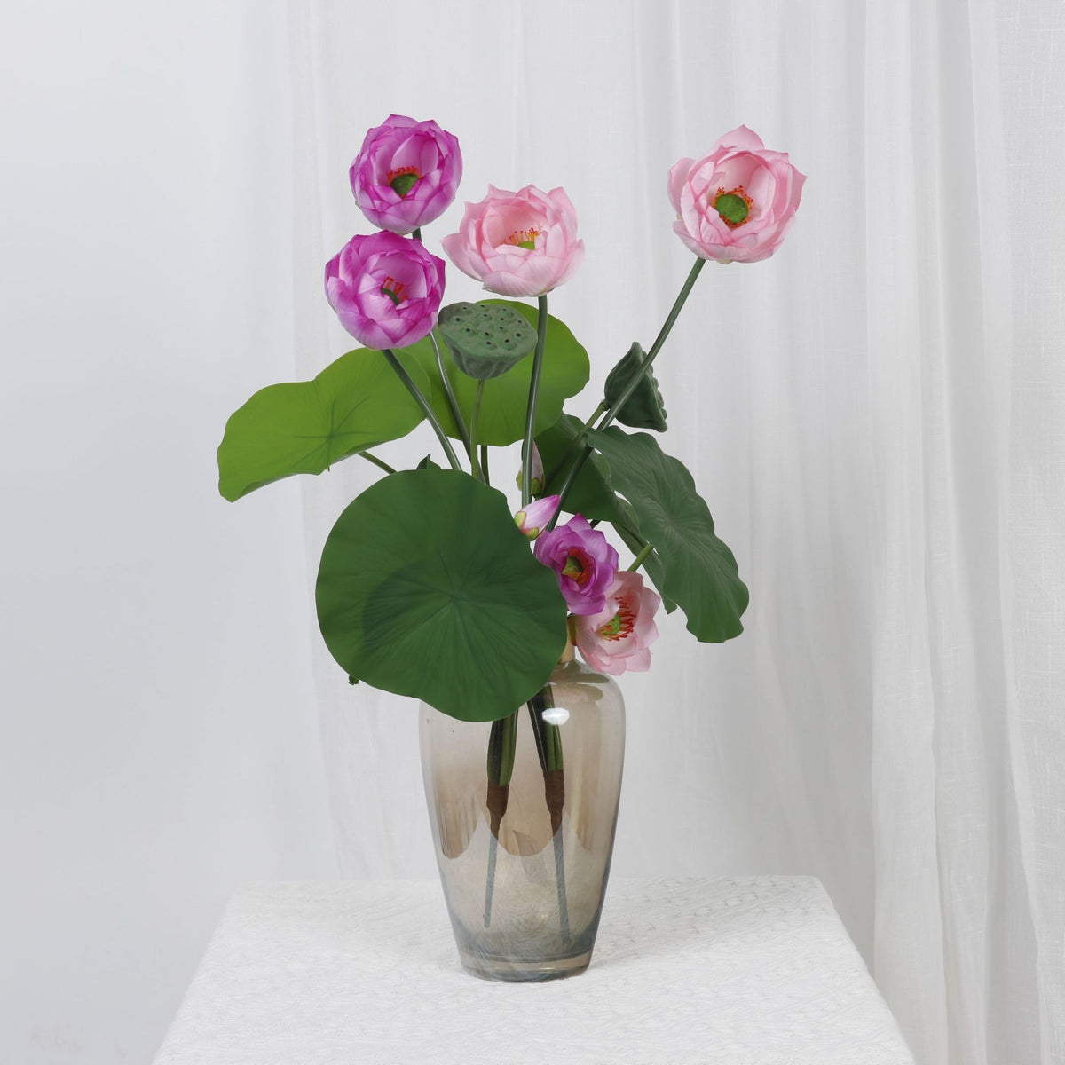 Ramo de Flor de Loto Artificial con 3 Flores, Hojas y Vaina, PU, 65 cm para Salón, Té y Boda