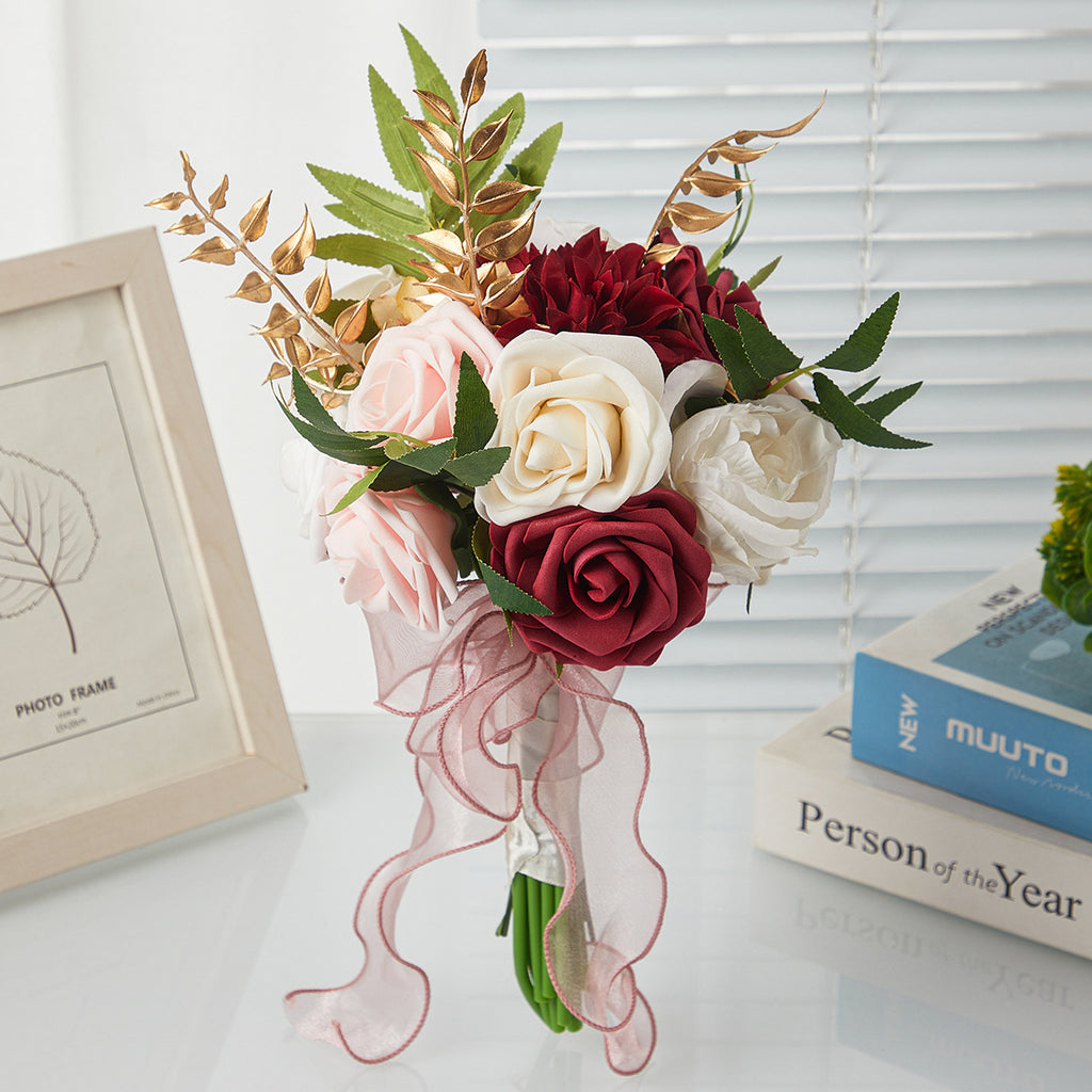 Ramo de rosas artificiales para bodas, 7 flores, 29 cm, decoración nupcial y fotográfica