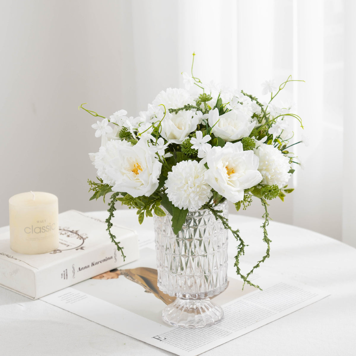 Ramo de Flores Artificiales de 28 cm, Rosas y Crisantemos, Decoración para Bodas y Hogar, Estilo Rústico y Moderno