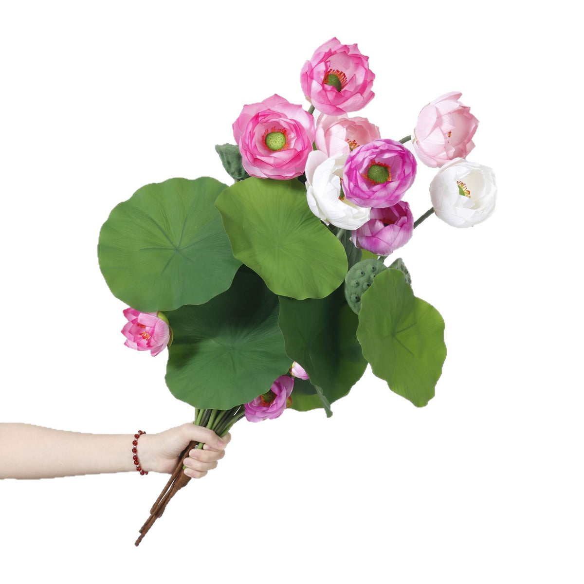 Ramo de Flor de Loto Artificial con 3 Flores, Hojas y Vaina, PU, 65 cm para Salón, Té y Boda