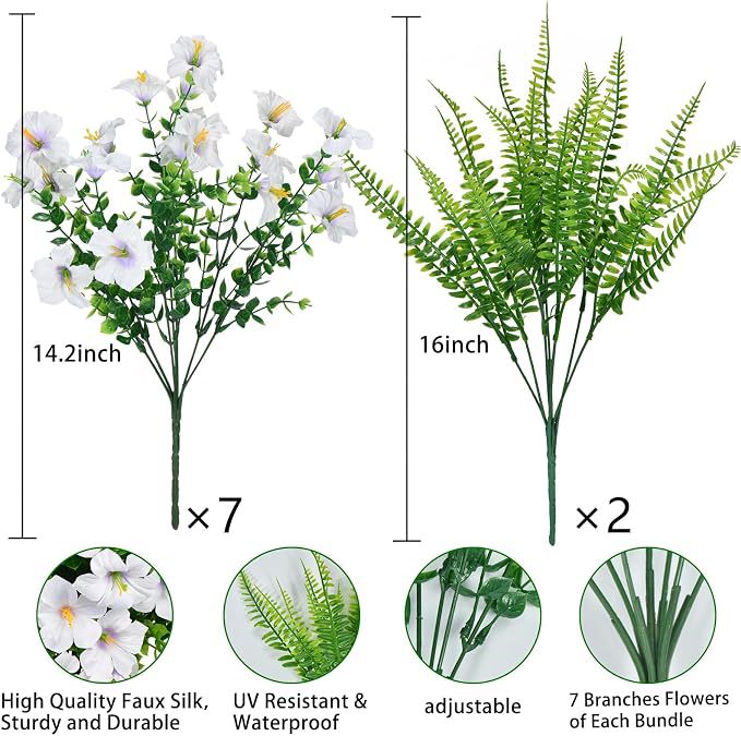 Ramo de Flores Artificiales Eucalipto, Trompeta y Helecho Persa, Pack de 9 Piezas, Plástico, Decoración Hogar y Jardín