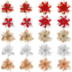 Flor artificial con polvo dorado para Navidad, decoración de 12 cm para árbol de Navidad, coronas y más