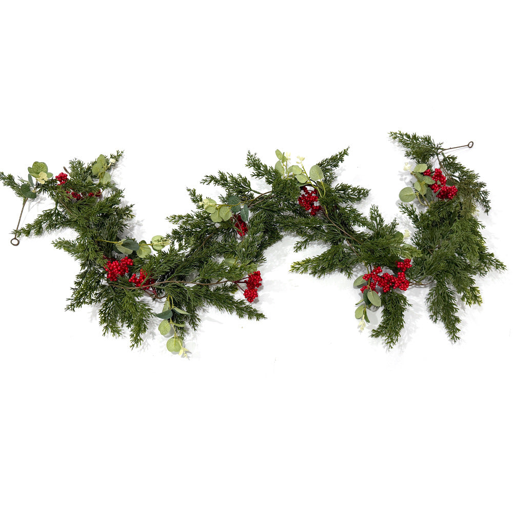 Enredadera Artificial de Pino y Frutos Rojos, Guirnalda Colgante de Plástico 180 cm, Decoración Navideña y de Puerta