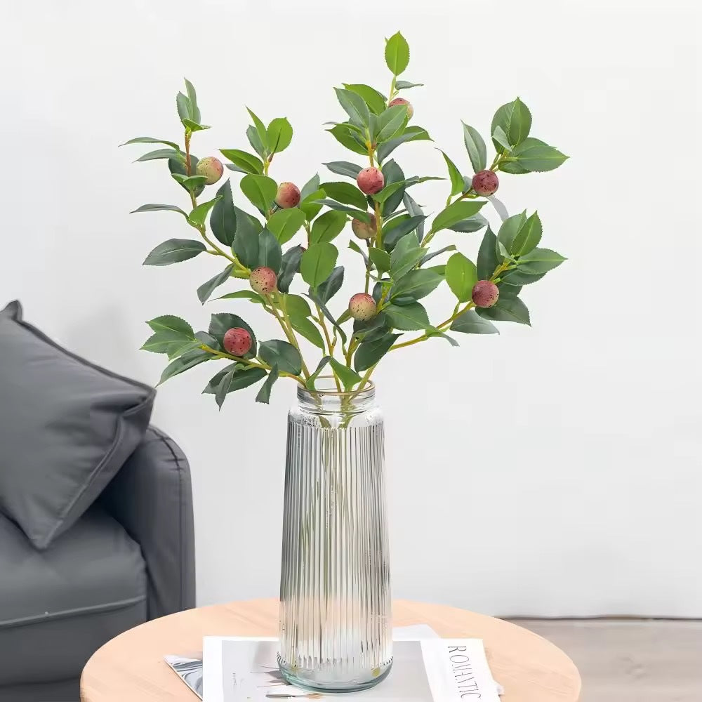 Rama Artificial de Camelia con Frutos de Té, Ramo de Plástico Estilo Nórdico, Decoración para Hogar, Escaparate y Bodas