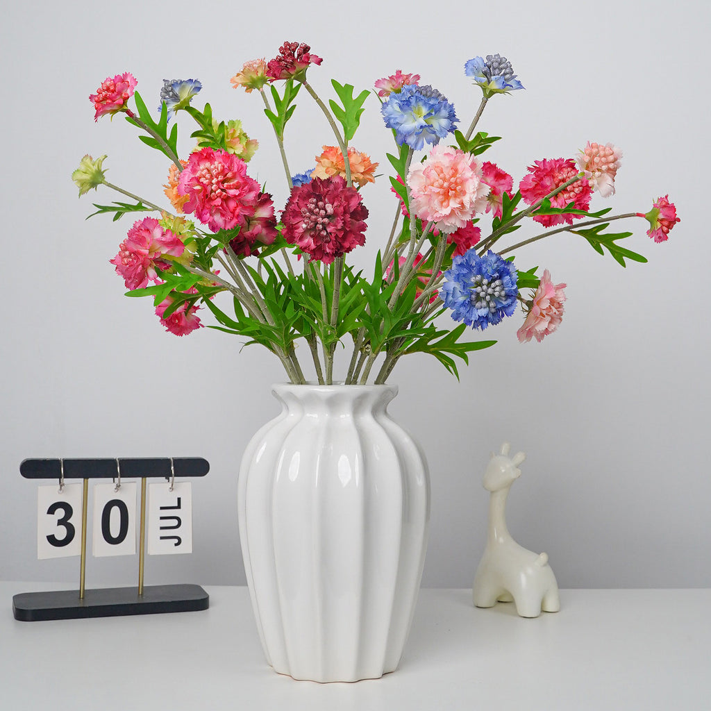 Ramo de flores artificiales con 3 cabezas, scabiosa, clavel y margarita, tacto aterciopelado, para hogar y bodas