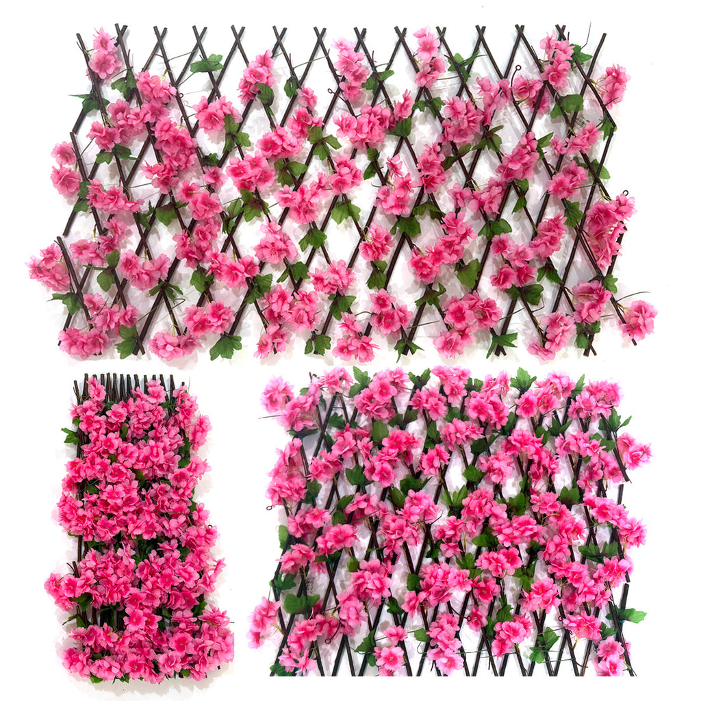 Valla Extensible de Cerezo en Flor Artificial para Jardín, Tela Efecto Seda, Colgante 190 cm, Balcón y Terraza