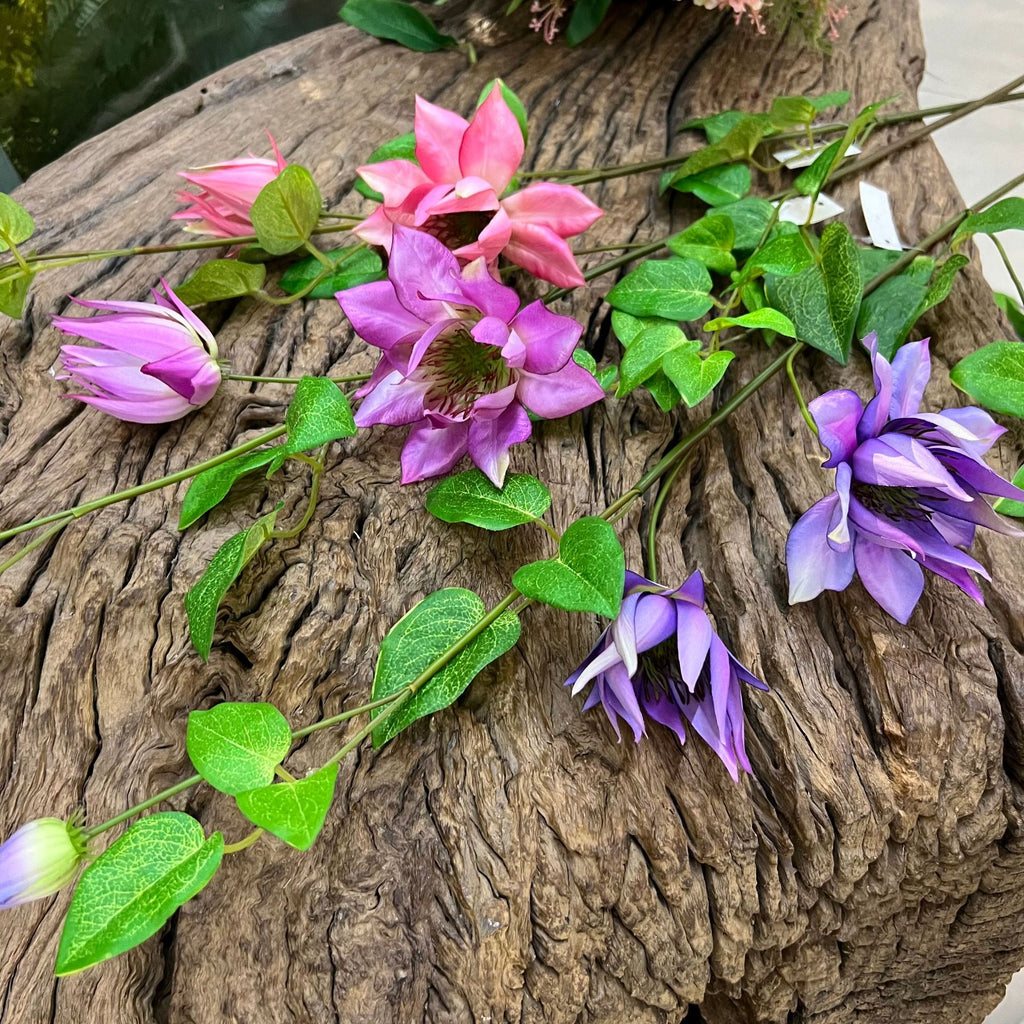 Flor artificial de clemátide, rama de 90 cm con 3 flores, decoración rústica y elegante para hogar y negocios