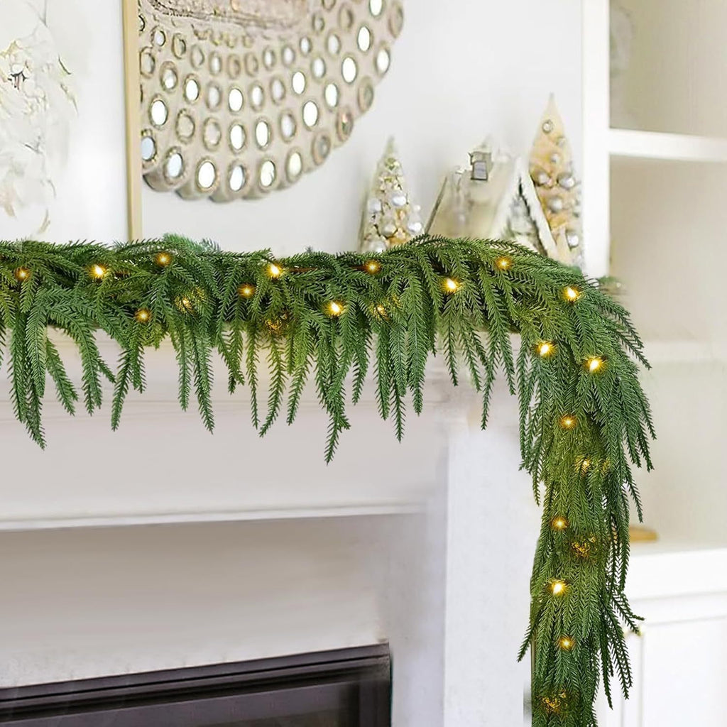 Guirnalda Artificial de Pino Norfolk con Luces, Pack de 3 Ramas Colgantes de Plástico, Decoración de Navidad y Hogar