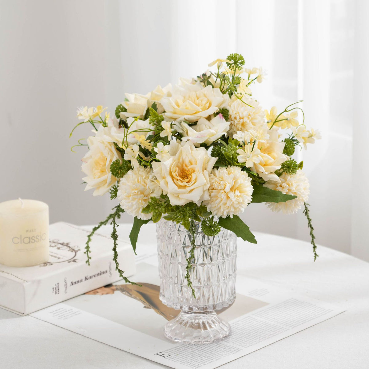 Ramo de Flores Artificiales de 28 cm, Rosas y Crisantemos, Decoración para Bodas y Hogar, Estilo Rústico y Moderno