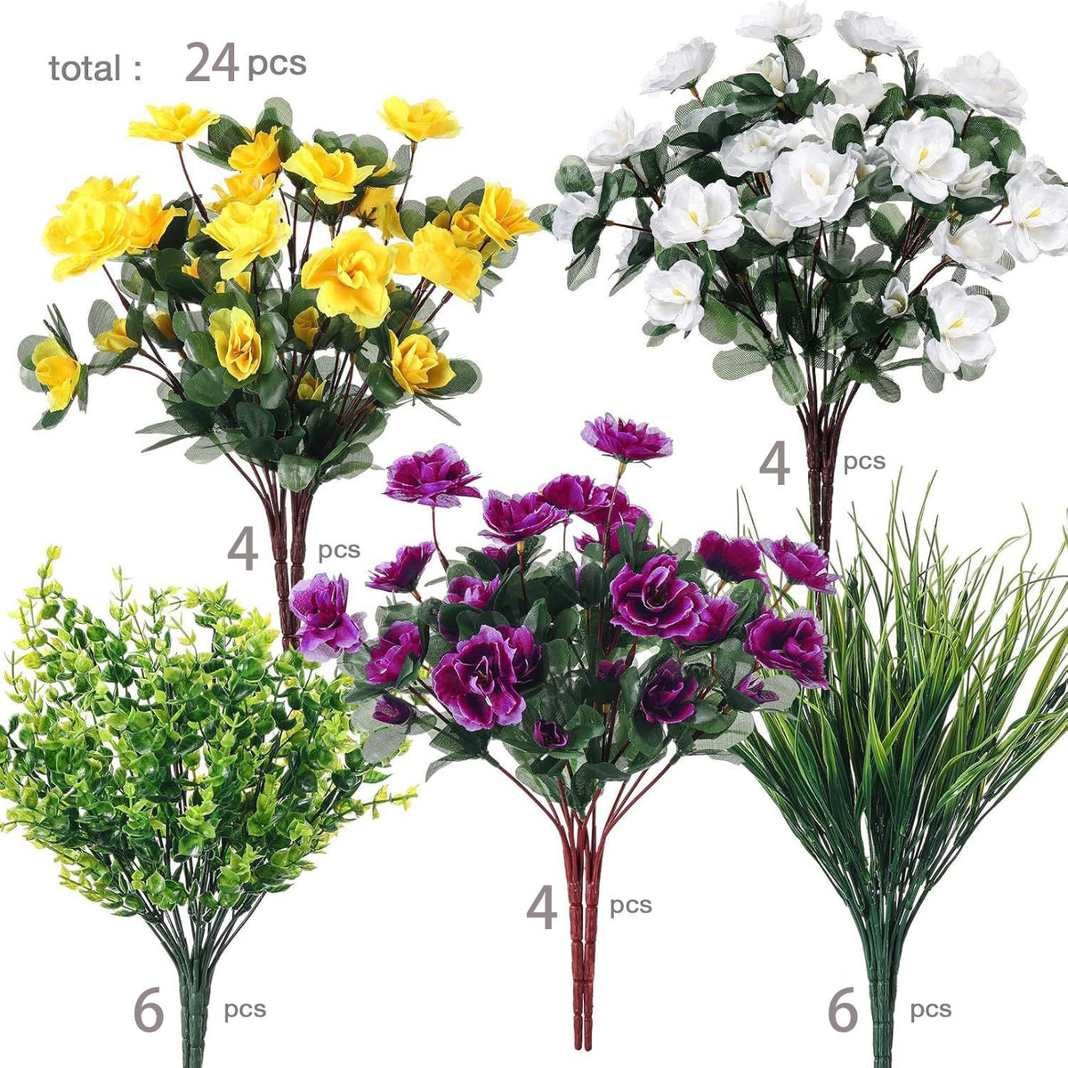 Ramo Artificial de Eucalipto y Azalea con Hierba de Primavera, Pack de 12 Piezas, Plástico, para Casa y Exterior