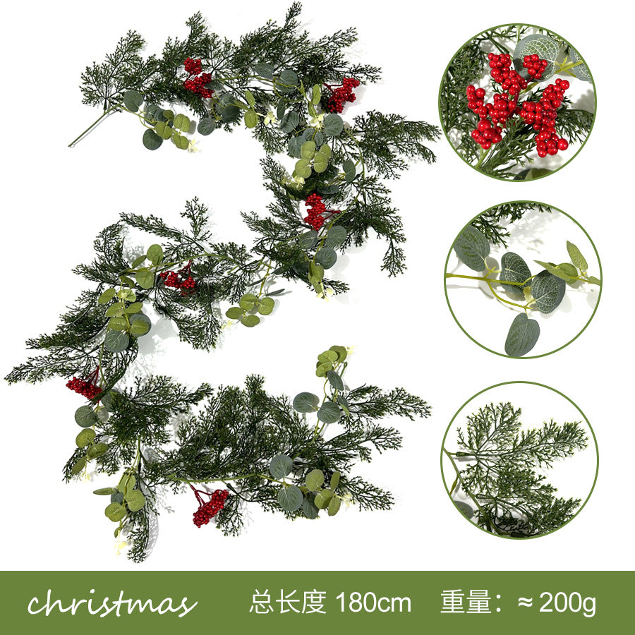 Guirnalda Artificial de Pino con Frutos Rojos y Hojas de Moneda, Enredadera Colgante de Navidad para Pared, Hogar y Escaparate