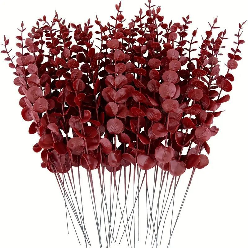 Eucalipto Artificial Rojo, Tallo Suelto de 37 cm, Pack de 50 Hojas de Eucalipto para Bodas, Fiestas y Decoración del Hogar