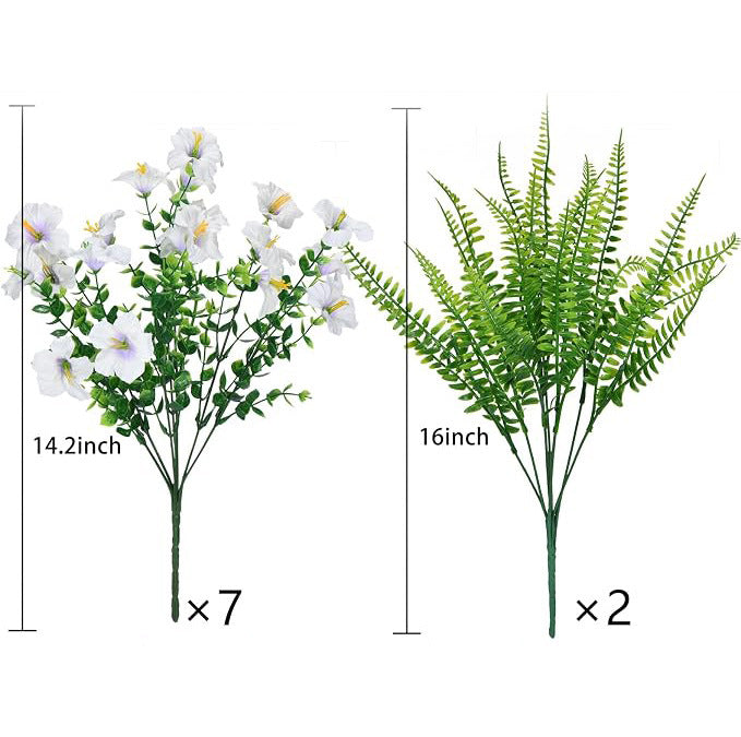 Ramo de Flores Artificiales Eucalipto, Trompeta y Helecho Persa, Pack de 9 Piezas, Plástico, Decoración Hogar y Jardín