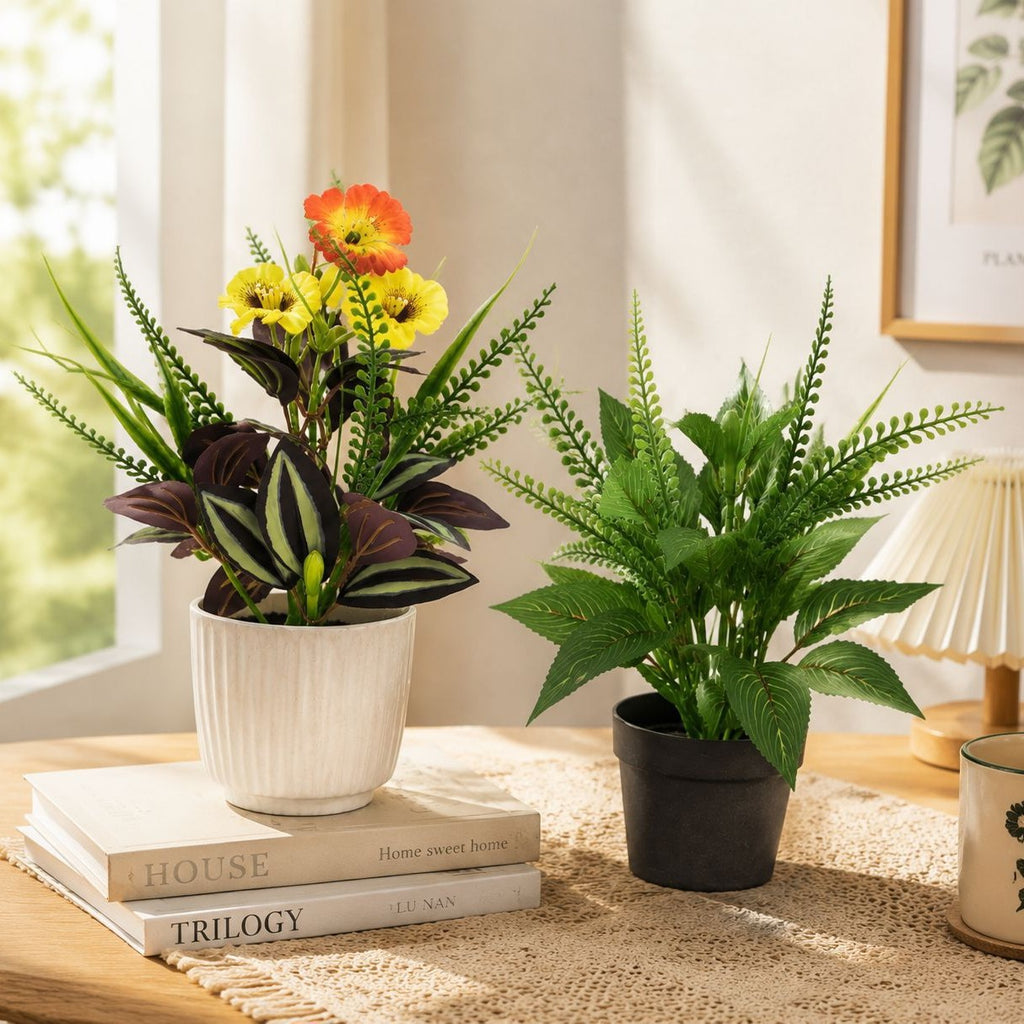 Composición de plantas artificiales - Ojo del diablo y Balsamina, 29 cm, decoración de escritorio u oficina