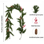Enredadera Artificial de Pino y Frutos Rojos, Guirnalda Colgante de Plástico 180 cm, Decoración Navideña y de Puerta