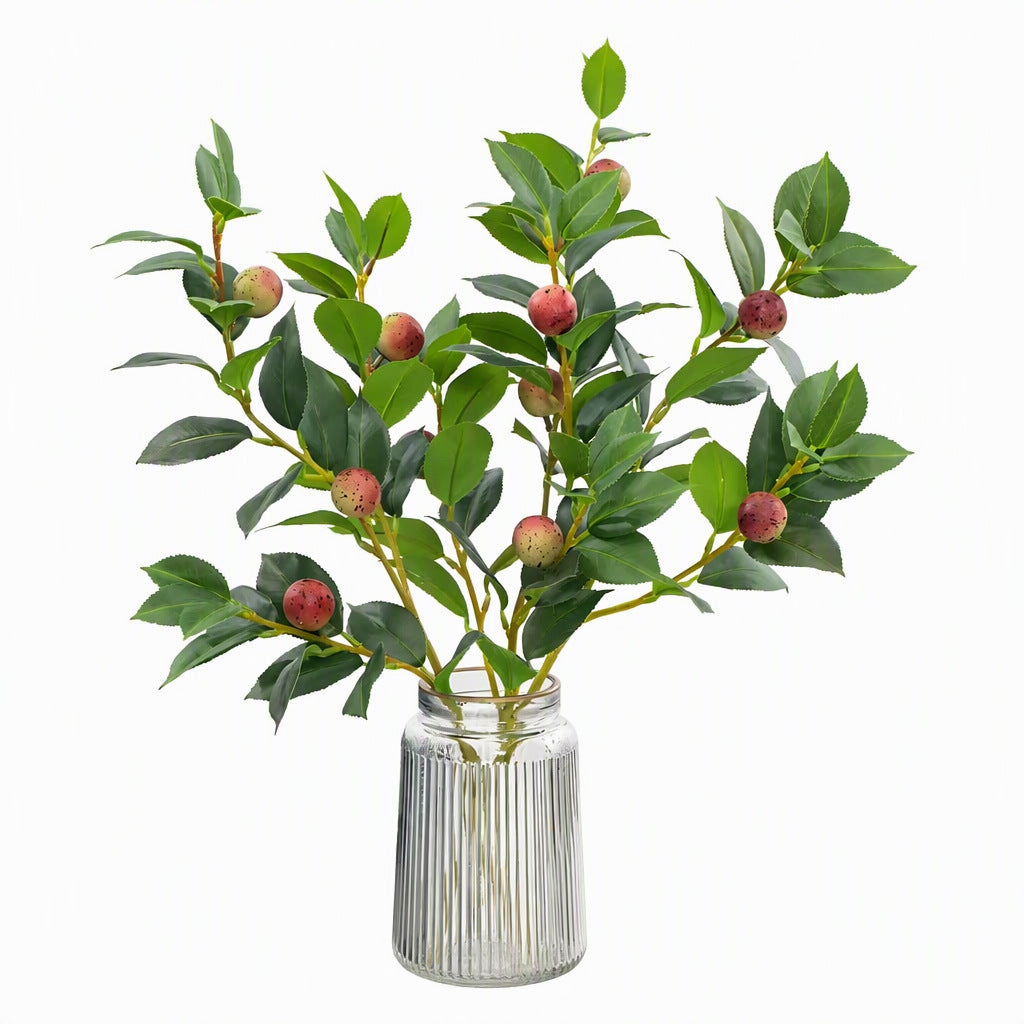 Rama Artificial de Camelia con Frutos de Té, Ramo de Plástico Estilo Nórdico, Decoración para Hogar, Escaparate y Bodas