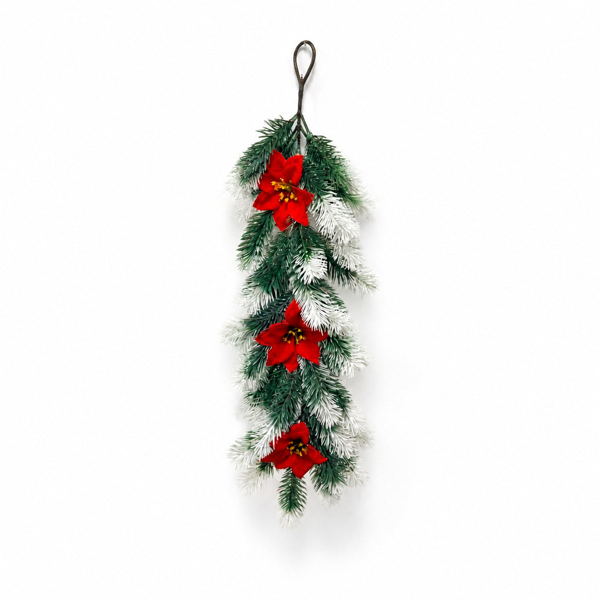 Colgante Navideño de Pino con 3 Flores de Pascua Artificiales, Guirnalda Colgante de Plástico, Decoración de Puerta y Pared