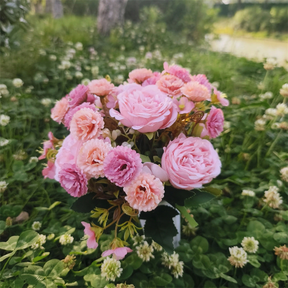 Flores artificiales para cementerio con resistencia a los rayos UV de 15" x 9" para jardín, balcón y terraza - Rosa